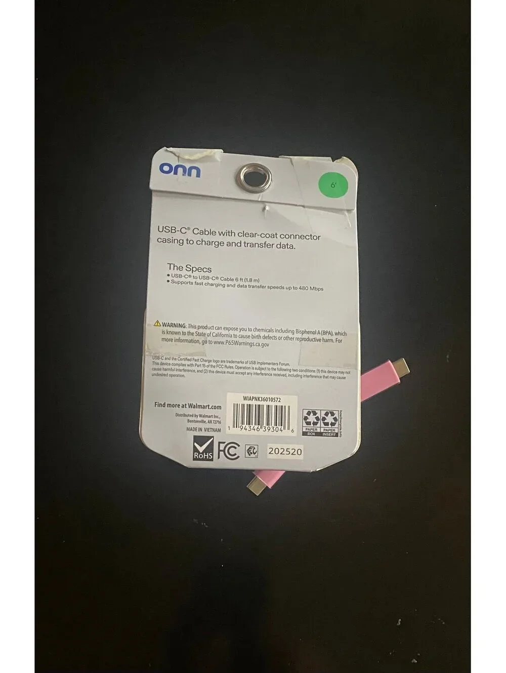 Onn 6ft USBC-C to USBC-C Charging Cable Pink